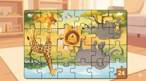 Vibrant 24-piece jigsaw puzzle featuring safari animals like lions and elephants for toddlers.
