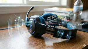 A diagram illustrating 7.1 surround sound waves entering a gaming headset to show immersive audio for teens.