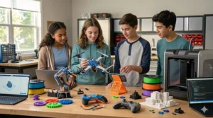 A photorealistic 4K image showing four teenagers gathered around a wooden workbench, examining a collection of colorful 3d printed stem projects, including a quadcopter frame and customized gear mechanisms.