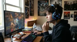 An illustration of a teenager using a gaming headset with a flip-to-mute microphone to chat with friends online.