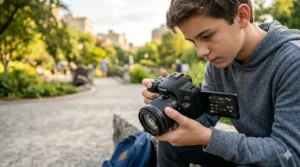 A teenage boy adjusting the shutter speed and aperture on his first DSLR camera outdoors.