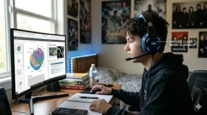 A teenage girl wearing a stylish gaming headset while studying at a laptop and listening to music.