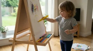 A two-year-old using washable markers on a vertical art easel to improve hand-eye coordination.