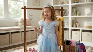 A young girl wearing a blue princess dress up outfit complete with a silver tiara and magic wand.