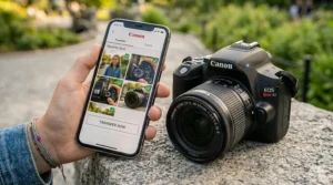 A smartphone screen showing a wireless photo transfer app next to a modern beginner DSLR.