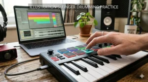 A person using the velocity-sensitive drum pads on a 25-key MIDI keyboard to program beats.