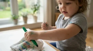 A damp cloth easily wiping colorful marker streaks off a child's hand to demonstrate washability.