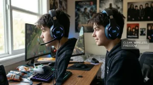 An illustration comparing a wired gaming headset to a wireless model for a clutter-free teen gaming setup.