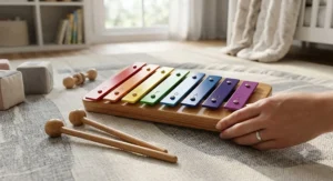 Colorful toy xylophone with rounded edges safely sized for babies 6 months and up.