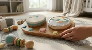 Little baby tapping on a toy sensory drum, demonstrating musical instruments for 6 months.