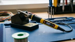 Close-up of a beginner-friendly soldering iron showing the heat adjustment dial and ergonomic handle.