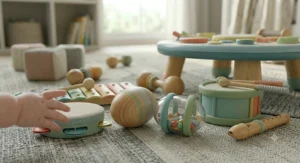 A collection of safe, BPA-free baby musical instruments for 6 months including rattles, drums, and clappers.
