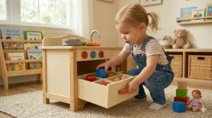 A young toddler opening a large storage drawer on a compact wooden play kitchen to organize colorful block toys.