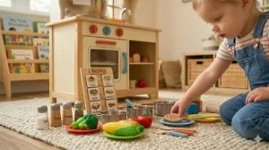 A toddler sitting on a rug playing with realistic plastic play food, pots, and a toy wooden menu board.