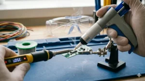 Using a manual desoldering pump, or solder sucker, to remove excess solder from a green circuit board.