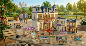 A detailed shot of a LEGO Friends hair salon building set including tiny beauty accessories, mirrors, and a character figurine.
