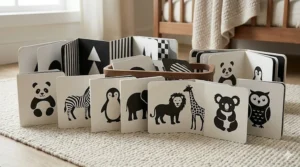 Set of high contrast illustrations featuring a panda, zebra, and penguin designed for infant visual tracking.
