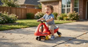 Close-up illustration showing a toddler's hands steering the unique butterfly wheel of a plasma car for toddlers to generate momentum.