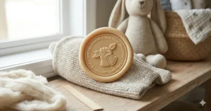 An illustrative seal indicating hypoallergenic and non-toxic materials for organic plushies.