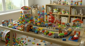 A little girl sitting quietly on a living room carpet building a tall tower out of toddler blocks.