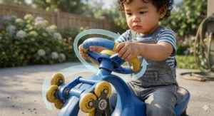 A toddler zooming across a smooth living room tile floor on a bright blue plasma car for toddlers.