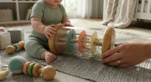 A clear plastic rainmaker toy showing colorful beads, ideal for 6 month old developmental music tracking.