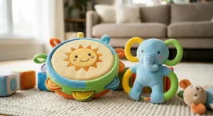 Soft plush tambourine toy designed for a 6 month old baby learning sensory music play.
