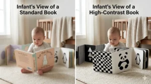 Illustration showing how a newborn’s eyes focus on a high contrast baby book compared to a blurry pastel-colored book.