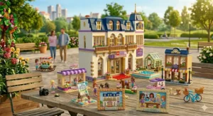 An overhead view of a miniature LEGO Friends bakery set with pink awnings, cake displays, and tiny plastic pastries.