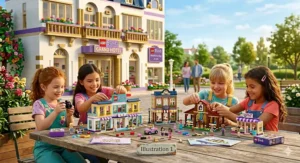 A pastel-colored LEGO Friends beach house set for girls with a mini-doll figure surfing on a pink board near a toy seal.