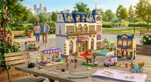 A lineup of seven different LEGO Friends mini-doll characters and a small toy dog standing on a purple baseplate.