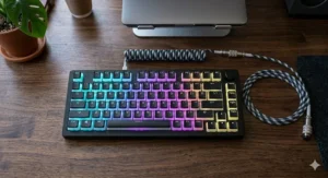Top-down view of a mechanical keyboard cycling through different RGB color profiles.