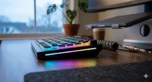 Side view of a mechanical keyboard featuring acrylic casing and RGB underglow.