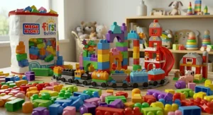 A toddler standing and playing at a fold-out Mega Bloks build and learn table.