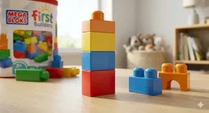 Close up of a toddler using small hands to stack pink and blue Mega Bloks for 1 year old developmental play.