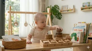Timeline illustration showing a newborn tracking toys and an older baby sitting up to play with a Montessori activity gym.