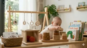 Close-up graphic of interchangeable monochrome and wooden sensory toys hanging from a Montessori activity gym bar.