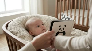 Close-up of a 2-month-old baby intently tracking a black and white high contrast book held by a parent.