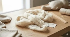 Close-up illustration of unbleached organic cotton fibers used in handmade baby toys.