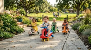A preschool child wearing a safety helmet while riding a plasma car for toddlers along a neighborhood sidewalk.
