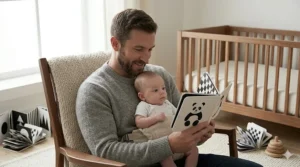 A father sitting in a rocker reading a high contrast board book to his newborn to encourage early literacy.