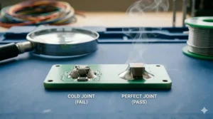 A diagram comparing a shiny, cone-shaped ideal solder joint to common beginner mistakes like cold joints.