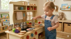 A close-up view of a toddler using toy utensils, pretend play food, and condiments on the counter of a play kitchen.