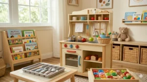 An organized toddler playroom layout featuring a central wooden play kitchen, toy trays, and an adjacent bookshelf.