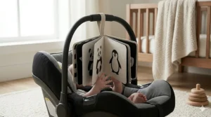 A soft, fabric high contrast baby book attached to a car seat handle for visual entertainment on the go.