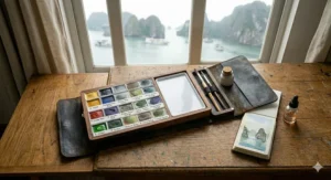 A durable metal travel tin holding a professional watercolor set, perfect for en plein air painting.