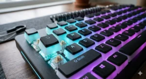 Translucent pudding keycaps enhancing the RGB glow on a mechanical keyboard.