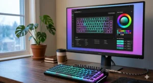 A digital interface showing RGB lighting effects customization for a mechanical keyboard.