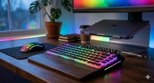 A mechanical keyboard with rainbow RGB lighting in a neon-lit gaming room.