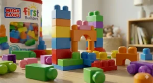 A parent showing the large, oversized design of Mega Bloks for 1 year old safety.